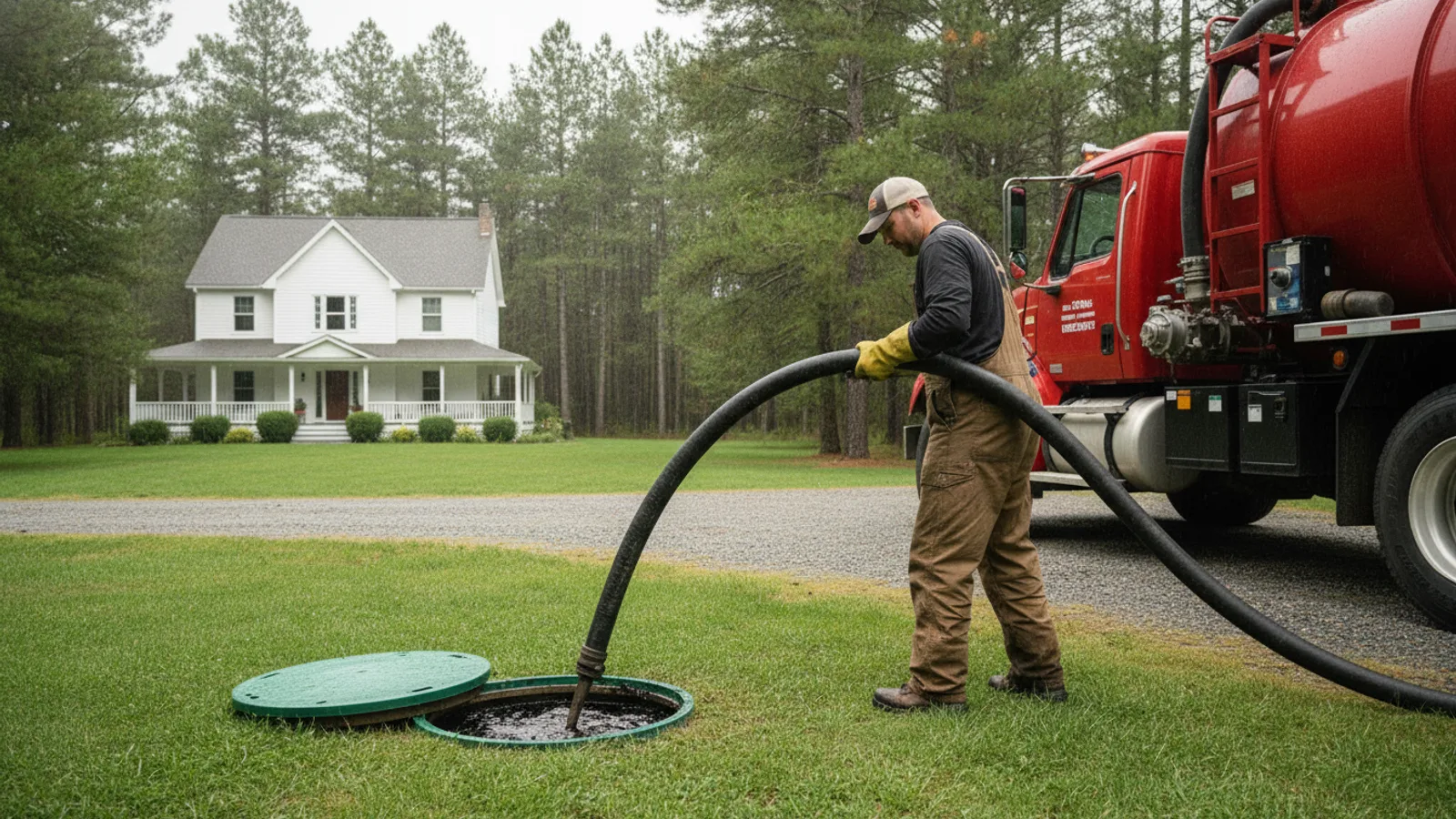 Septic pumping truck parked at a Maine home with a hose running to the open tank access