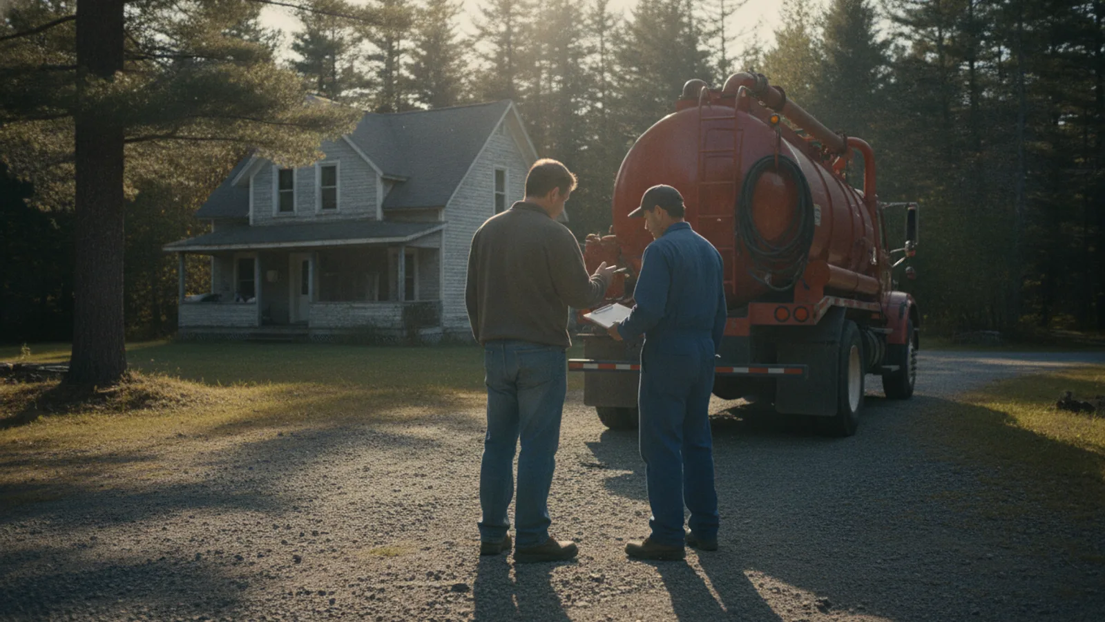 Septic pumping truck parked at a residential septic tank in the Bangor, Maine area