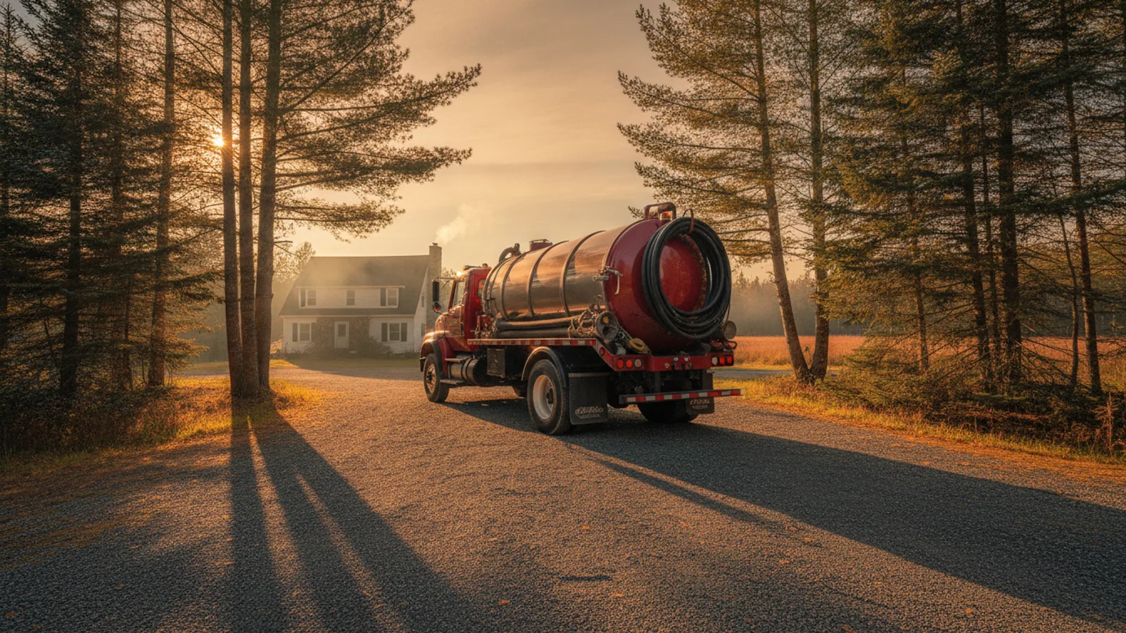 Septic pumping truck at a Maine property
